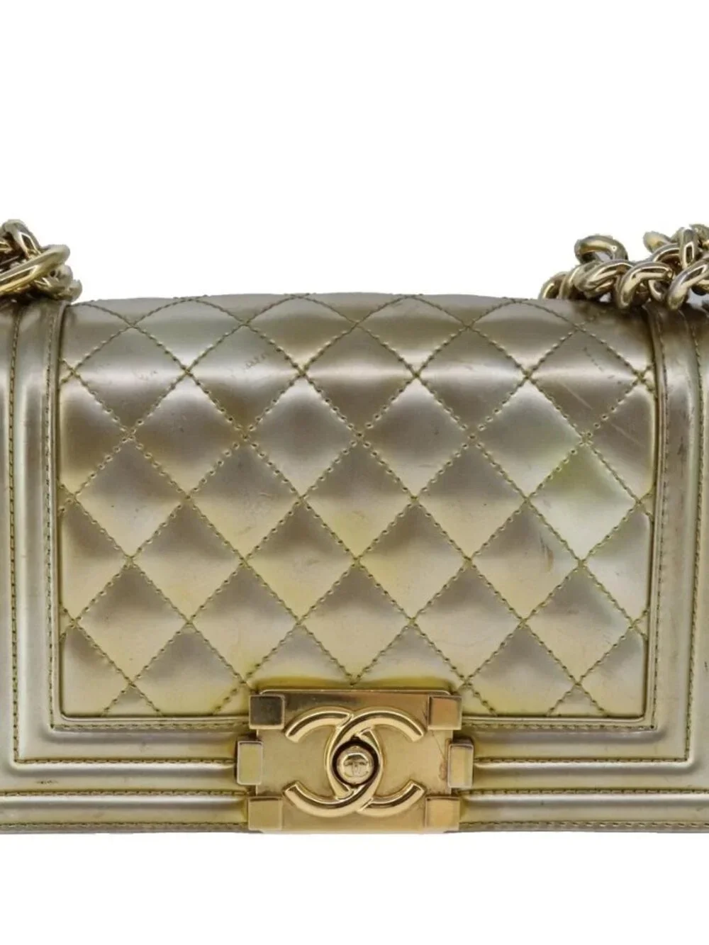 CHANEL Matelasse Chain Boy Chanel Shoulder Bag Patent Gold CC Auth 106721SAM